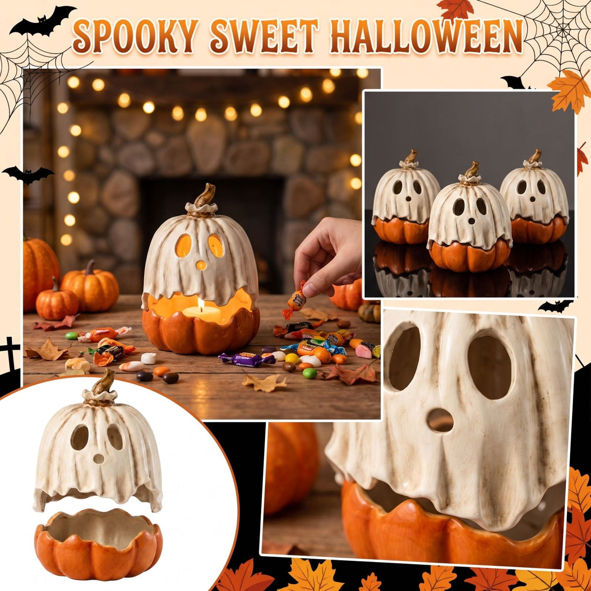 Halloween Ghost Pumpkin Candy Bowl - 2-Piece Detachable Resin Candle Holder, Spooky Jack-O'-Lantern Figurine with Ghost Cover for Tabletop Party Patio Indoor Outdoor Decor Halloween Decorations