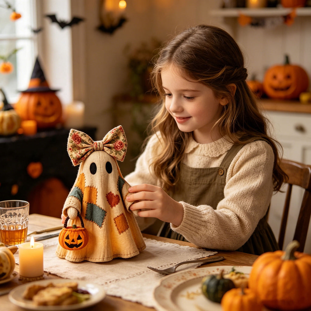 Win s Way Lighted Vintage Patchwork Ghost Decor Glowing Ghost Figurine with Pumpkin Lantern Farmhouse Style Light Up Statue for Mantel Shelf Entryway Table Fall Decorations