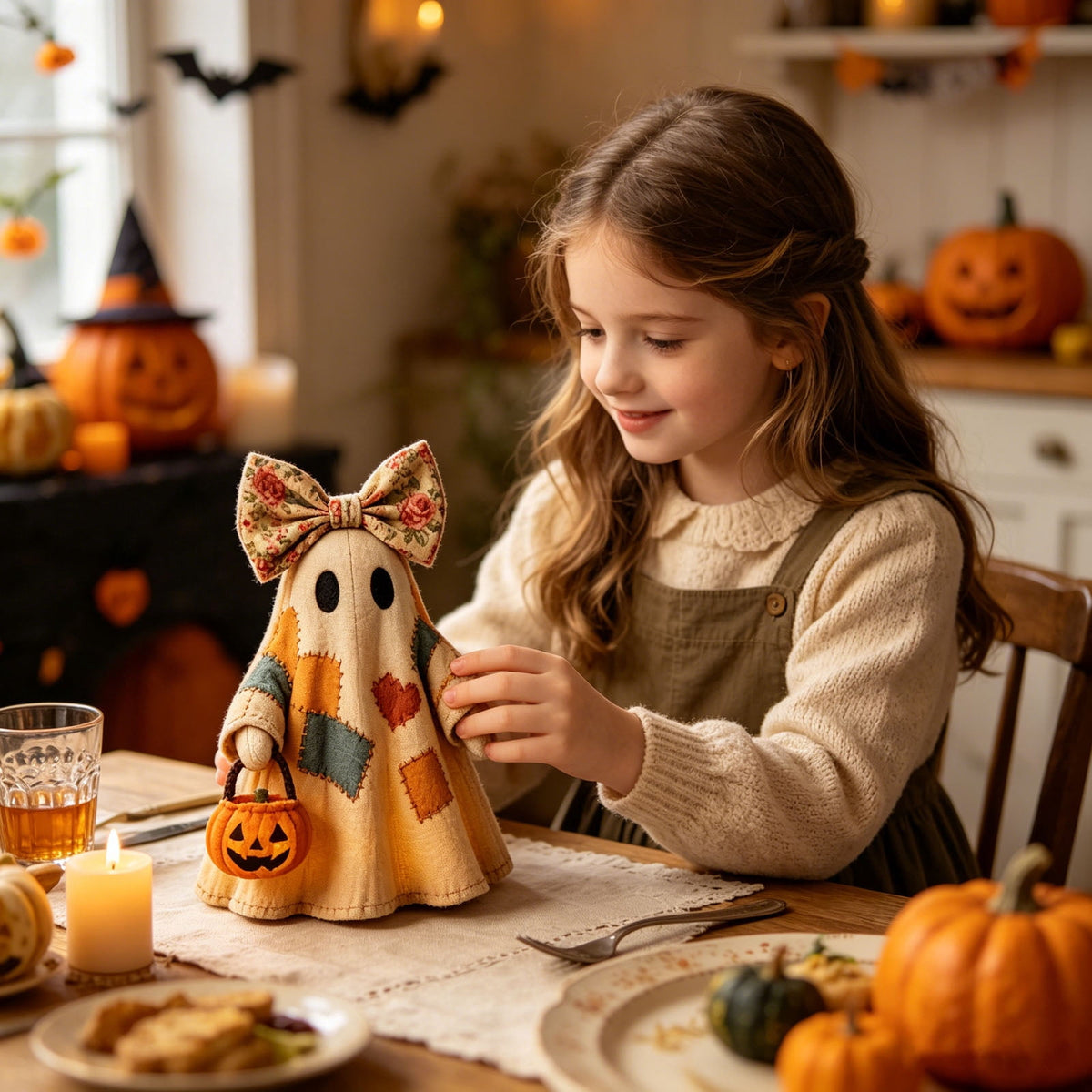Win s Way Lighted Vintage Patchwork Ghost Decor Glowing Ghost Figurine with Pumpkin Lantern Farmhouse Style Light Up Statue for Mantel Shelf Entryway Table Fall Decorations