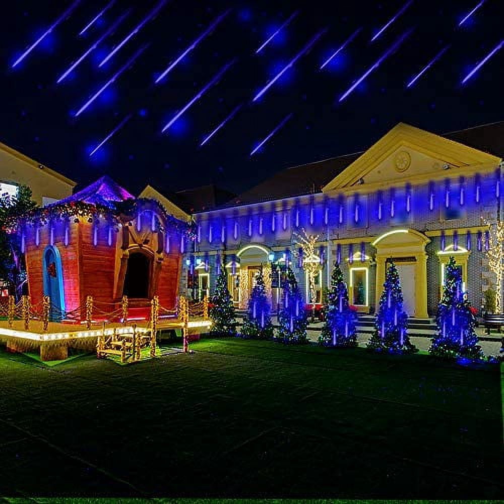 Morttic Meteor Shower Lights, Outdoor Falling Rain Lights 12 inch 8 Tube 192 LED Snow Falling Icicle Cascading Lights for Xmas Tree Halloween Decoration Wedding Party, Blue