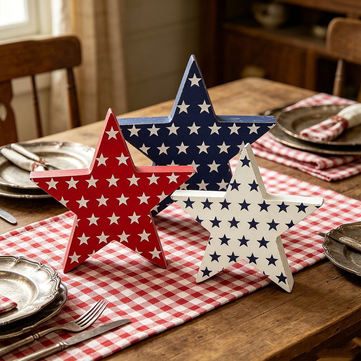 Japceit 3Pcs 4Th Of July Decorations Wooden Stars,Red White Blue Patriotic Decor, Independence Day Ornaments Set,For Home Office Table Shelf