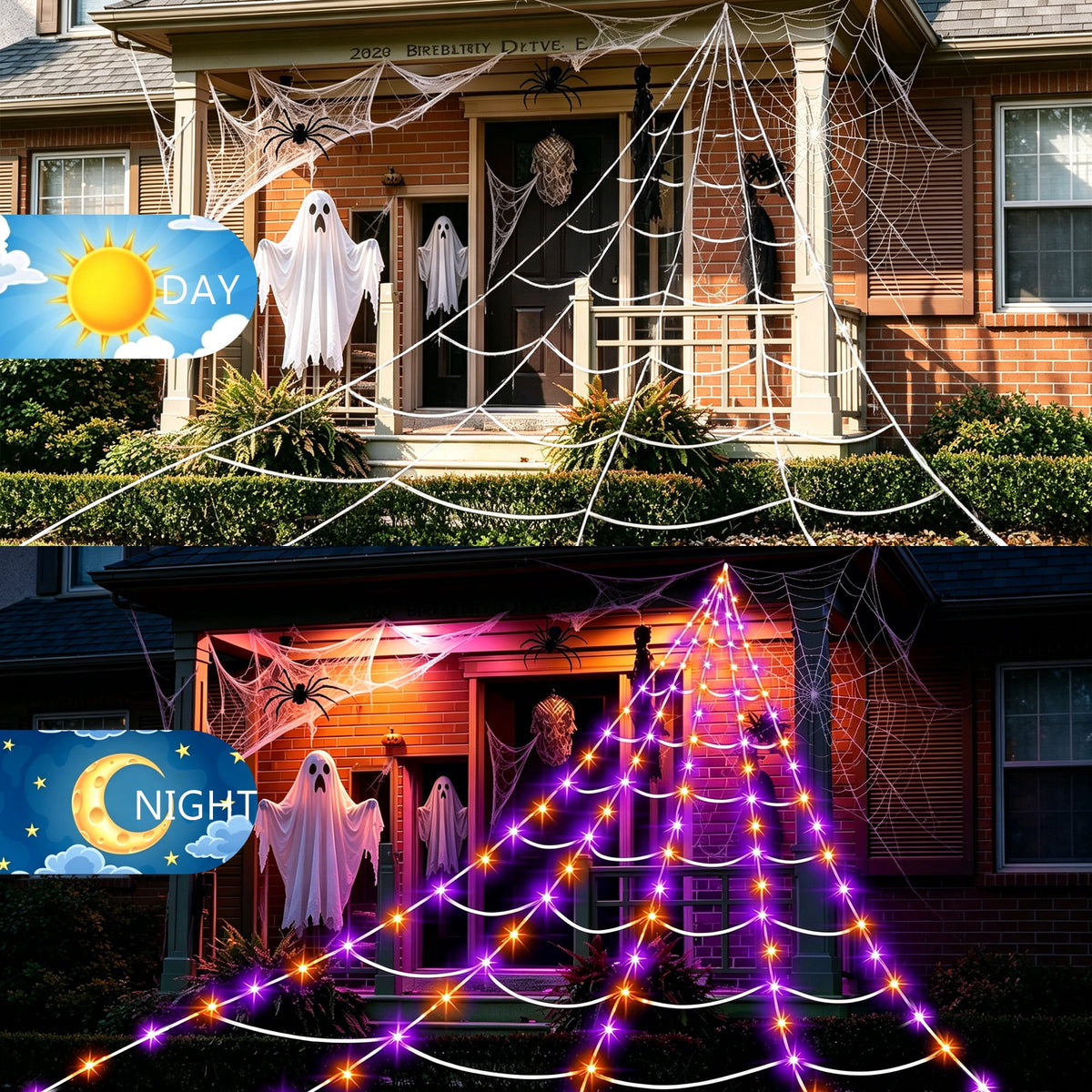 VOLIVO Halloween Spider Web Light, 250 LED 15.7 x 16.4 FT Halloween Decor, 8 Modes Remote Waterproof for Indoor Outdoor Party (Purple & Orange)