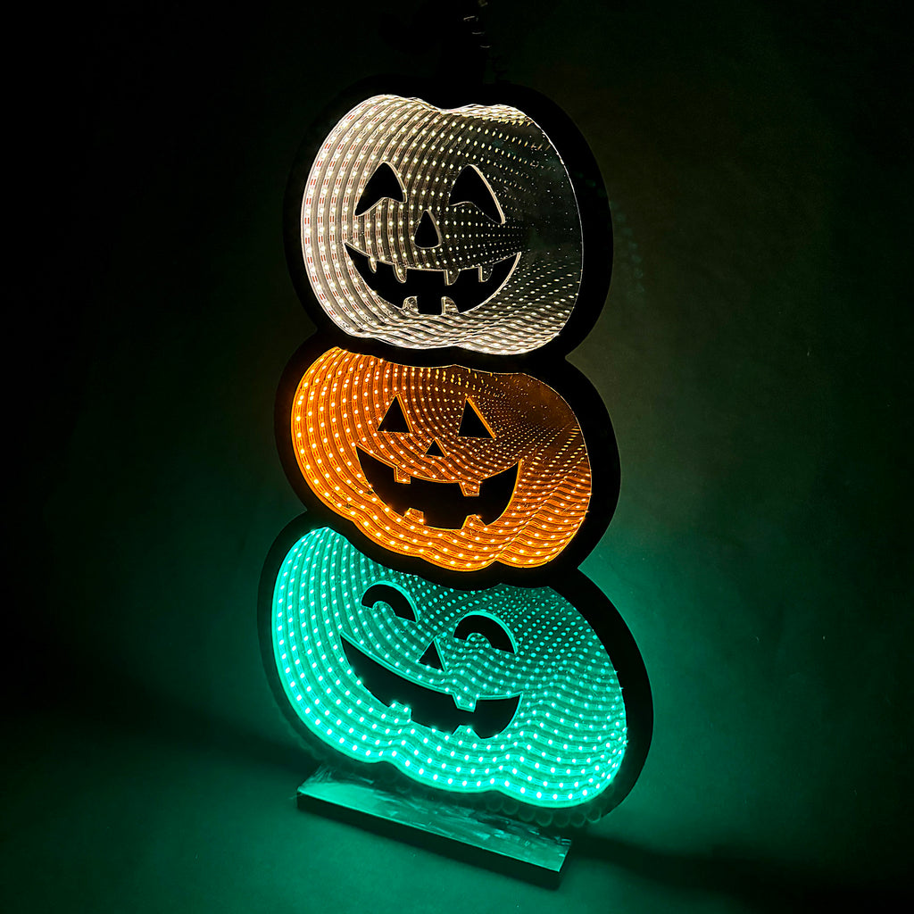 3 Stacked Pumpkins Infinity Mirror Light with Stand - LED Lighted Halloween Decoration - USB-Powered - 3D LED Infinity Light - Indoor Seasonal Decor for Tables or Windows - 11" x 21"
