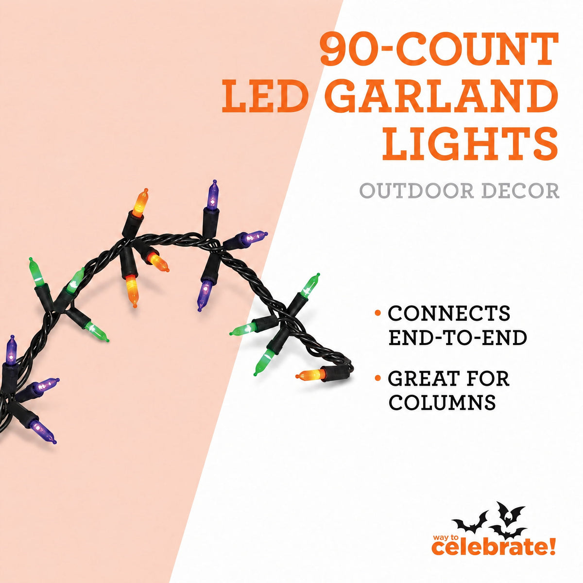 Indoor/Outdoor 90-Count LED Garland Lights, Multicolor, 9', Halloween by Way To Celebrate