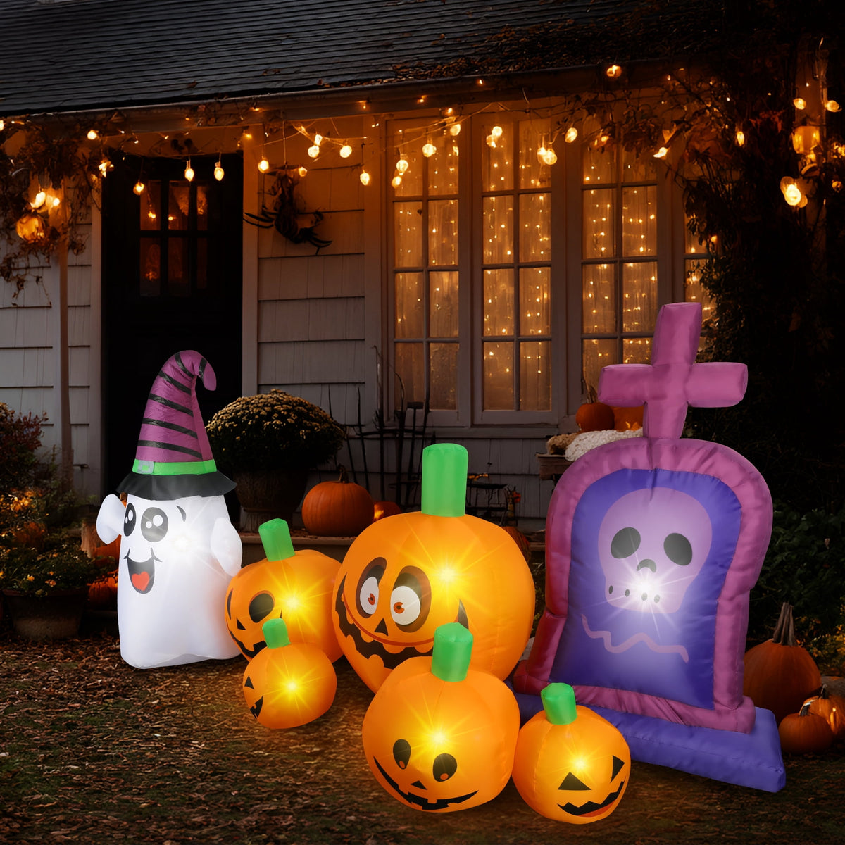 MAGOTAN 9 FT Halloween Inflatables Archway Outdoor Decorations Pumpkin Ghost Archway Halloween Inflatable Blow Up Pumpkin Tombstone Decoration Build-in LED Lights