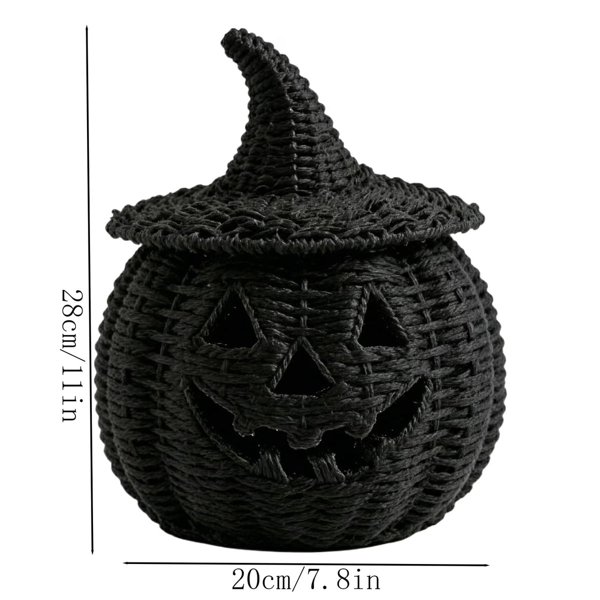 Black Woven Pumpkin Basket with Witch Hat Cover Lid, 11" Halloween Jack-O-Lantern Woven Container, Handcrafted Rattan Pumpkin Tabletop Centerpiece for Home Office Halloween Party Table