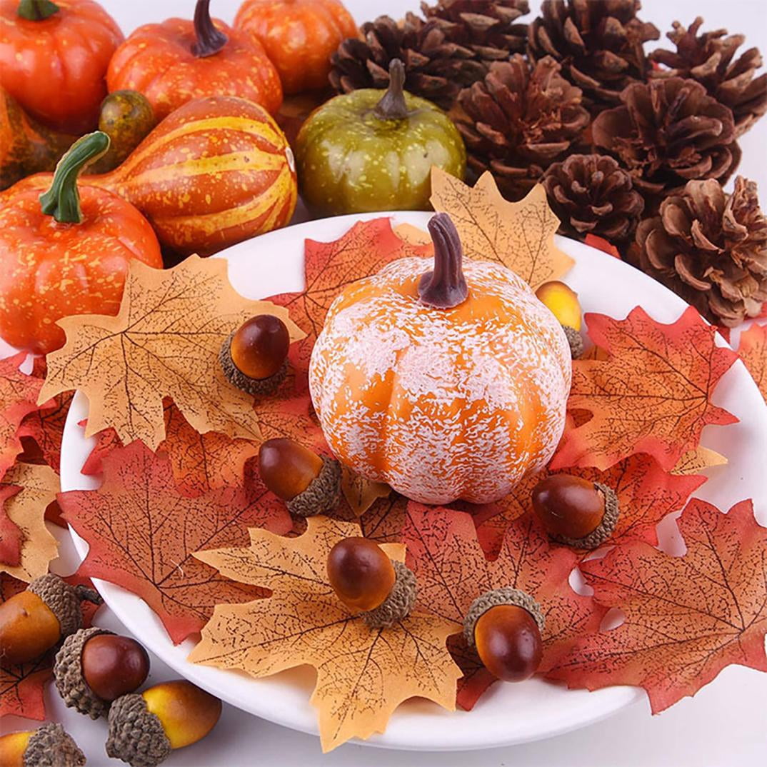 70pcs Fall Pumpkins Decor Set, Mini Artificial Gourd Fall Leaves Acorns Pinecones Decorations for Home, Fall Centerpieces for Tables, Thanksgiving Bowl Filler, Harvest Farmhouse Table Tiered Tray Set