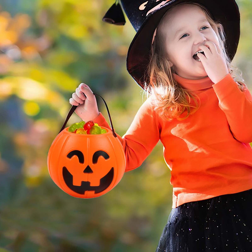Kumdkd Halloween Pumpkin Bucket for Kids - Plastic Trick or Treat Candy Pail with Handle, Party Decor