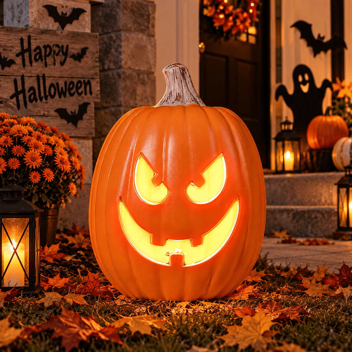 Tdxkok Halloween Large Plastic LED Light Up Pumpkin Outdoor Yard Porch Home Storefront Mall Holiday Display Decoration Ambient Lighting Lantern
