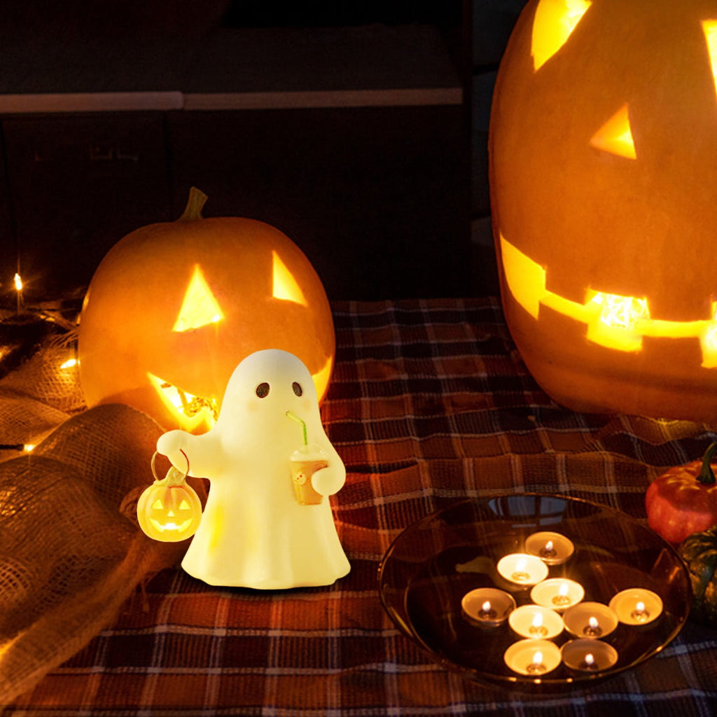 Halloween Ghost Figurine, Resin Lighted Ghost Ornament with Pumpkin Lantern & Beverage Cup, Tabletop Halloween Indoor Decor