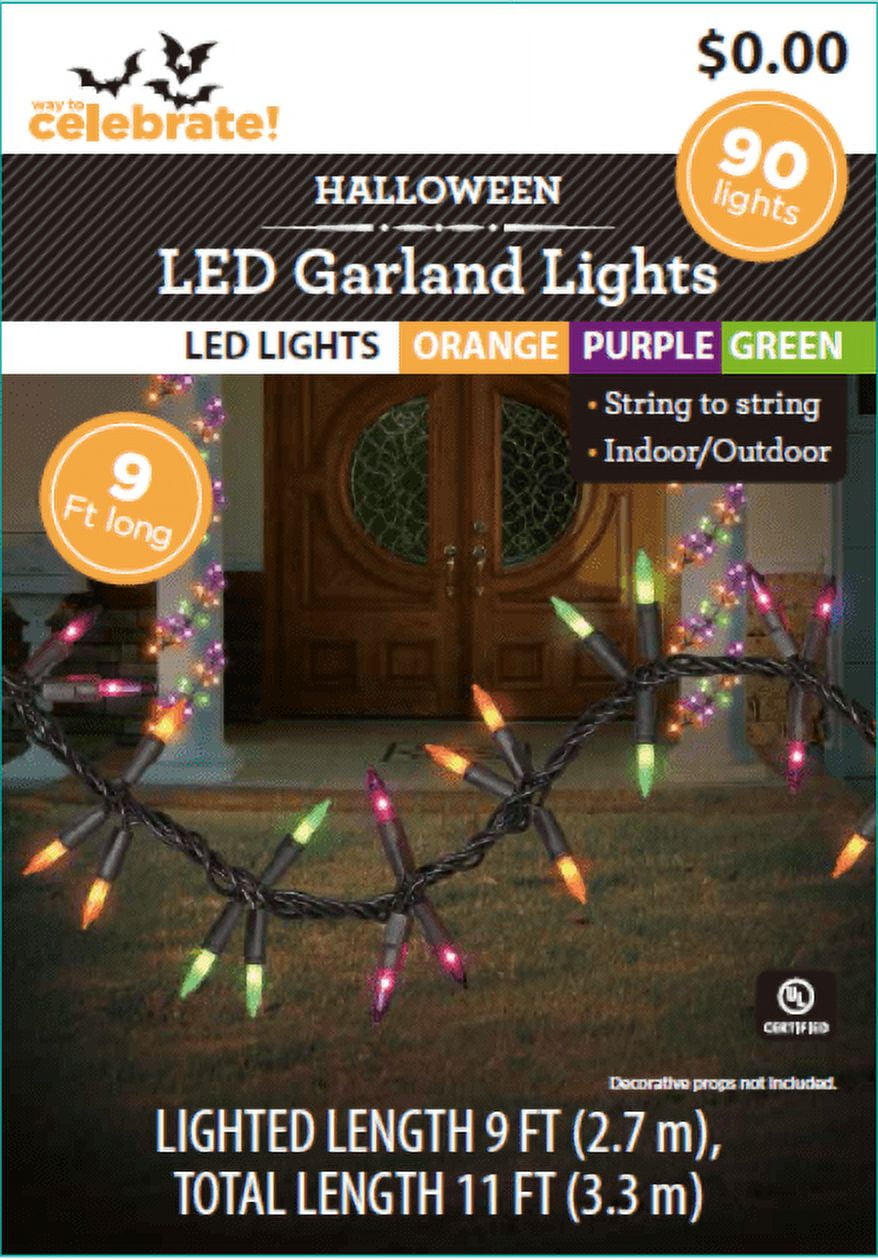 (2 pack) Halloween 90-Count Indoor/Outdoor Multicolor Garland LED Mini Lights, 9', Way To Celebrate