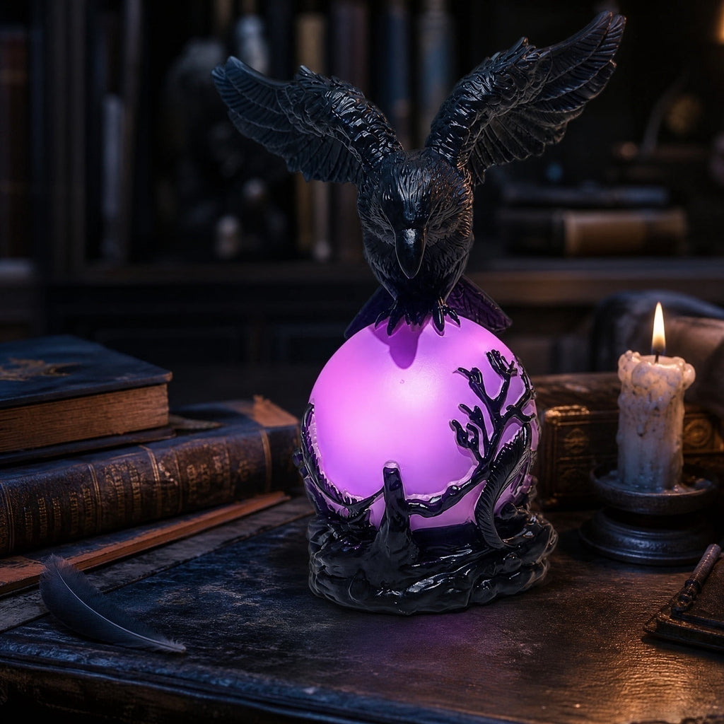 Gothic Mysterious Raven Lamp Light Sculpture, Resin Halloween Moonlight Luminous Crow Bird Led for Home Decor Gift, Bedroom Bedside, Living Room