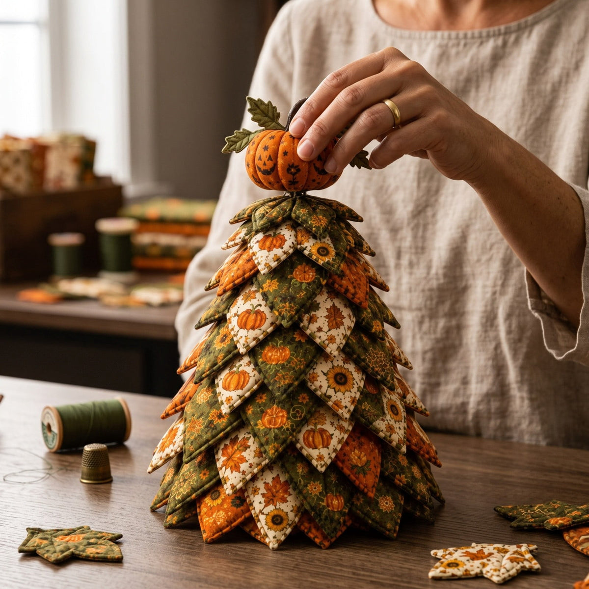 Lypsnake DIY Halloween Quilted Fabric Tree Kit, Vintage Pumpkin Sunflower Patchwork, 3D Padded Sewing Craft Project for Autumn Harvest Decor