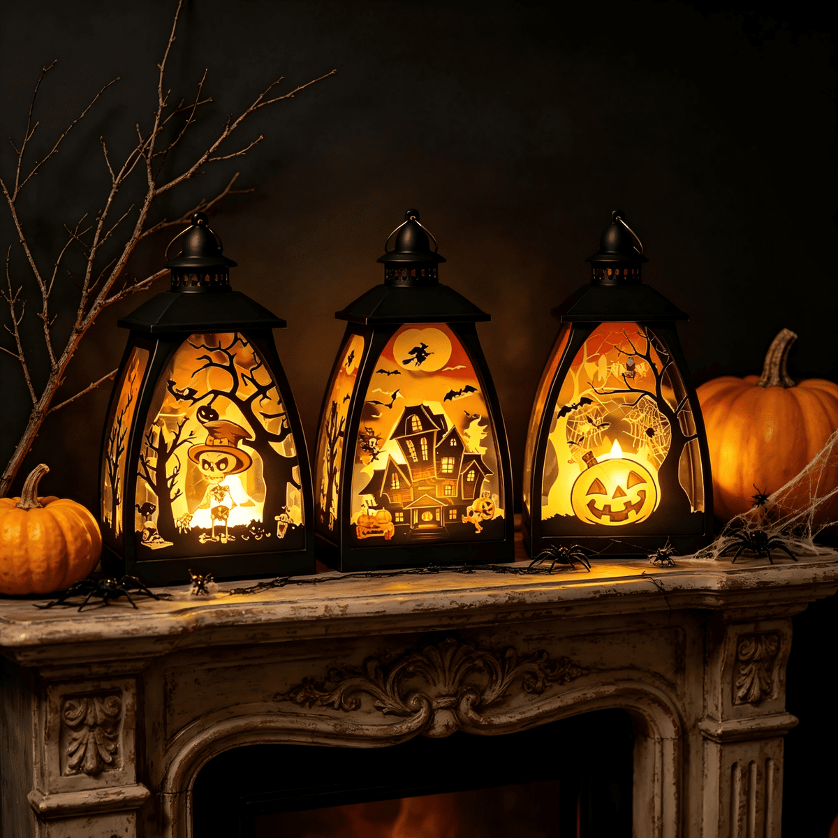3 Pack Halloween LED Lantern Decor, Skeleton Haunted House Pumpkin Pattern, Battery Operated Tabletop Hanging Decor for Halloween Party Fireplace Mantel Indoor Home Decor