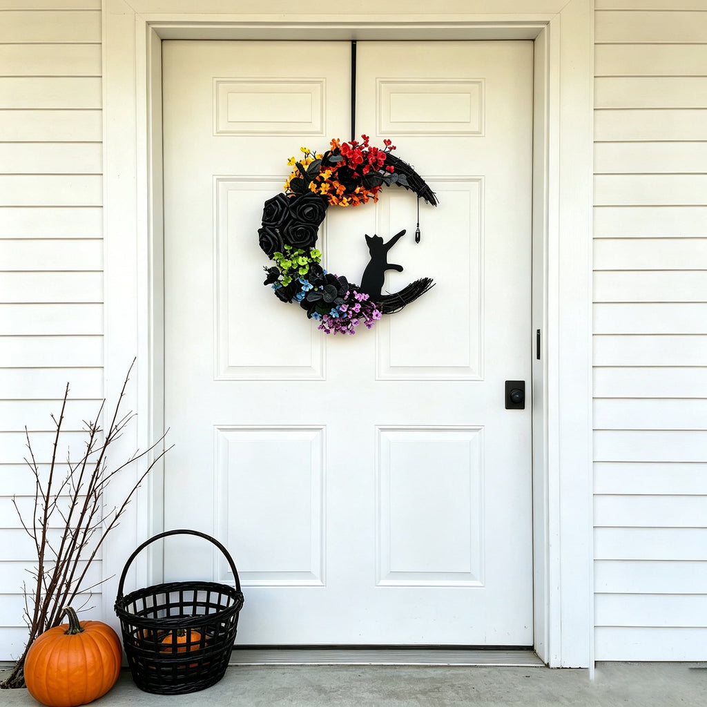 Circlecity Halloween Black Cat Wreath, 14.9" Colorful Crescent Moon Wreath with Artificial Flowers, Gothic Front Door Decor