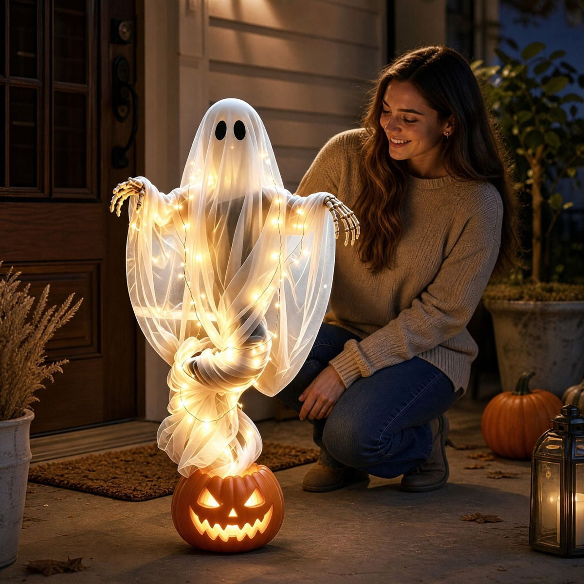 Luckky Swirling Ghost Pumpkin Yard Lamp,Lighted Spooky Ghost Statue with Warm Light,Waterproof Outdoor Ornament for Porch,Pathway,Lawn & Garden,Fall Autumn Halloween Party Decor