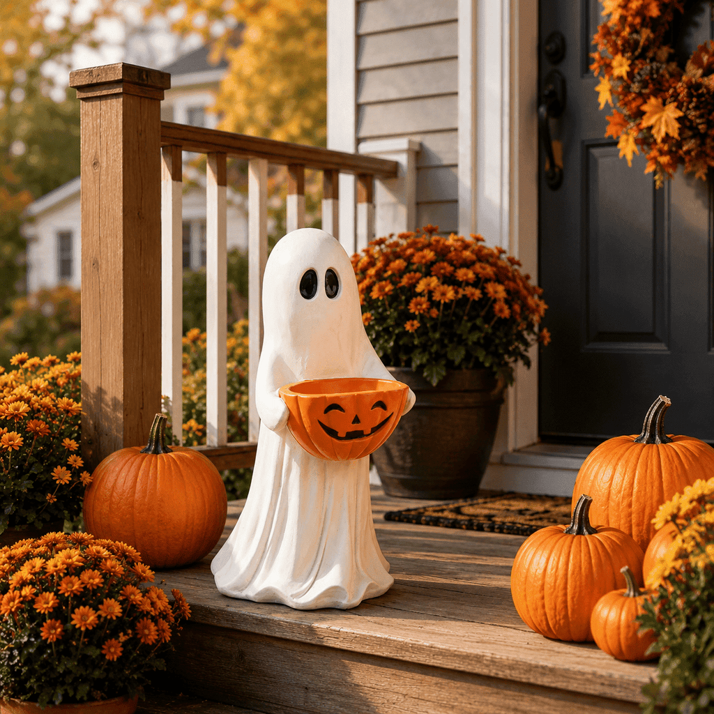 Clearance! Halloween Ghost Statue with Pumpkin Candy Bowl, 13.7 Inch Outdoor Ghost Figurine, Halloween Candy Holder Decoration for Porch Yard Patio Indoor Decor
