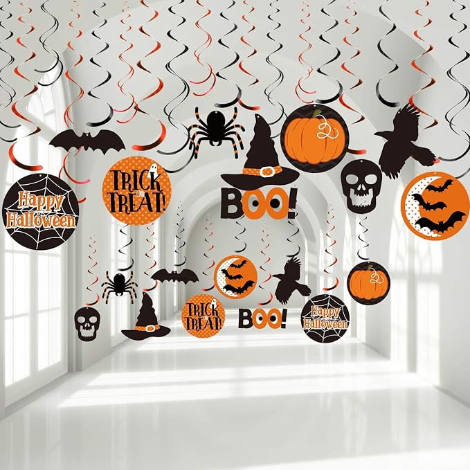 50 Piece Halloween Ceiling Decorations Hanging Swirls Witch Bat Boo Pumpkin and Spider