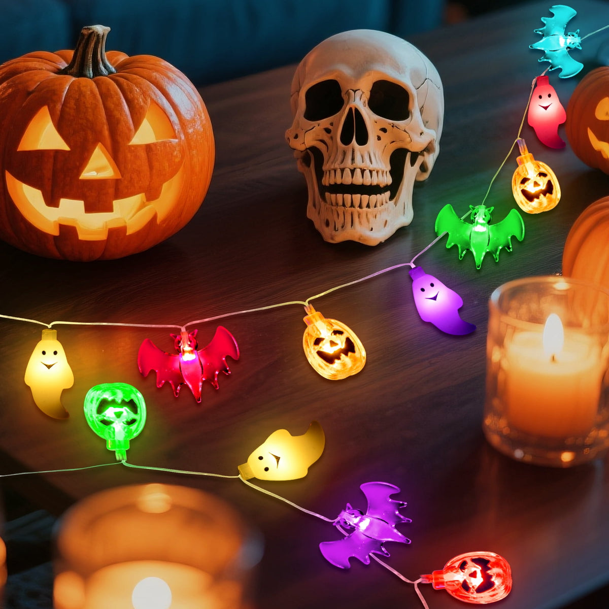Oziral Halloween Lights Outdoor Indoor 14.76 ft 30 LED Pumpkin Bat Ghost Battery Operated String Lights Waterproof Halloween Decorations,8 Modes,Timer