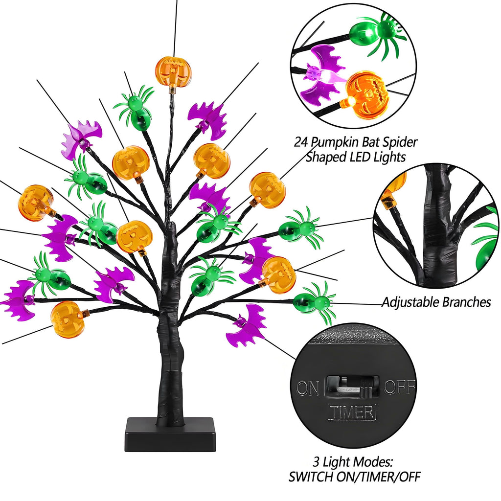 MYFLOCY Halloween 18 Inch Tree Lights 24 LED Pumpkin Bat Spider Indoor Room Decor