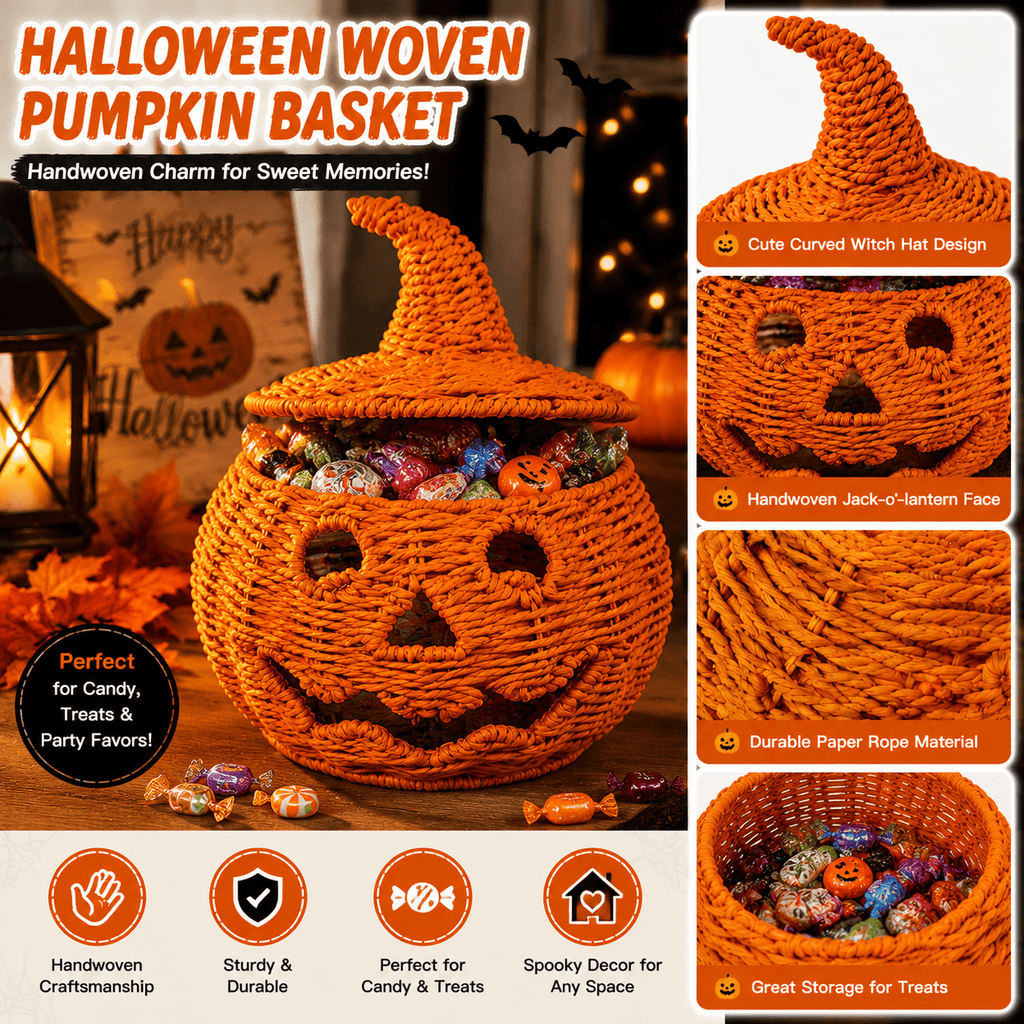 Handwoven Rattan Ghost Lantern with Witch Hat - 13.78 Inch White Wicker Ghost Decor, Light Up Halloween Decorations for Indoor Outdoor, Porch, Patio, Spooky Home Decor, Fall Harvest