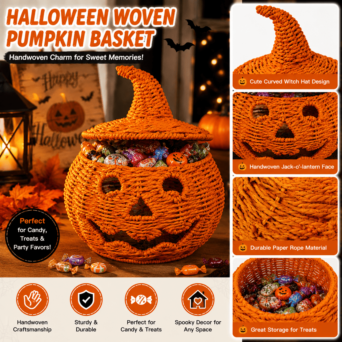 Handwoven Rattan Ghost Lantern with Witch Hat - 13.78 Inch White Wicker Ghost Decor, Light Up Halloween Decorations for Indoor Outdoor, Porch, Patio, Spooky Home Decor, Fall Harvest