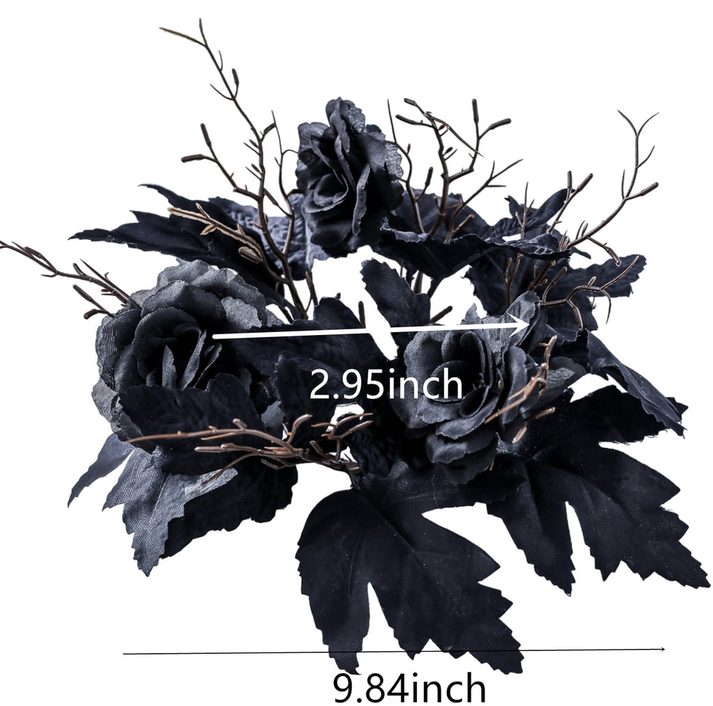 TETOU 2Pcs Halloween Candle Rings Wreath for Pillar Candle Holder, Maple Leaf Black Rose Small Wreaths for Fall Thanksgiving Home Table Centerpieces, Cabinet Decorations - Black