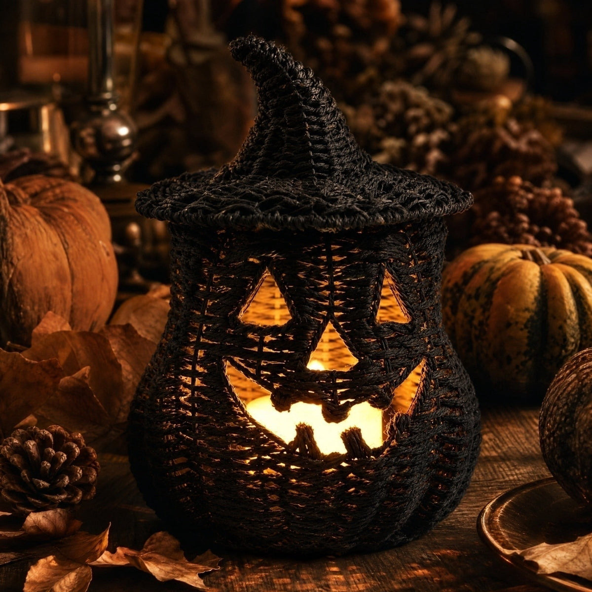 Aximioll Halloween Black Woven Jack-O-Lantern Pumpkin Decor, Hand Woven Rattan Wicker Style Statue, Trick or Treat Candy Bowl Lantern for Porch Entryway Fireplace Mantel Table, Black, 11 Inches