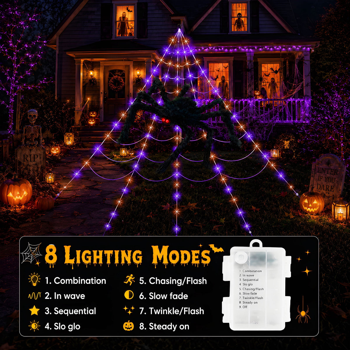 VOLIVO Halloween Spider Web Lights, 5 FT Giant Spider + 15.7 x 16.4 FT Light-up Triangular Web, 250 LED 8 Modes Waterproof Decor for Indoor Outdoor (Purple)