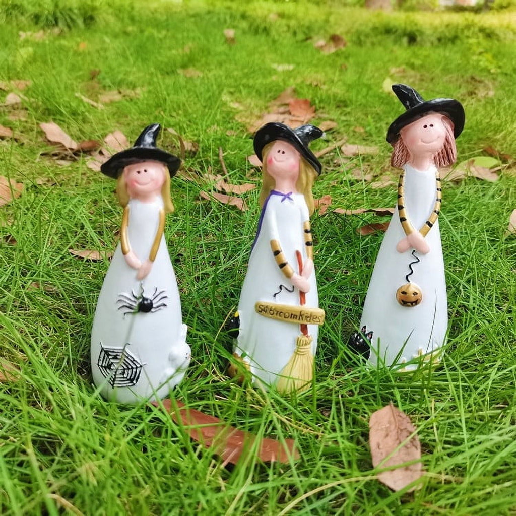 Halloween Witches Figurine Tabletop Decor,Resin Witch Statues Decorations with Classic Witches Hats,Cat,Ghost,Crow, and Pumpkins,Holiday,Party,Home Decor and Fall Decor