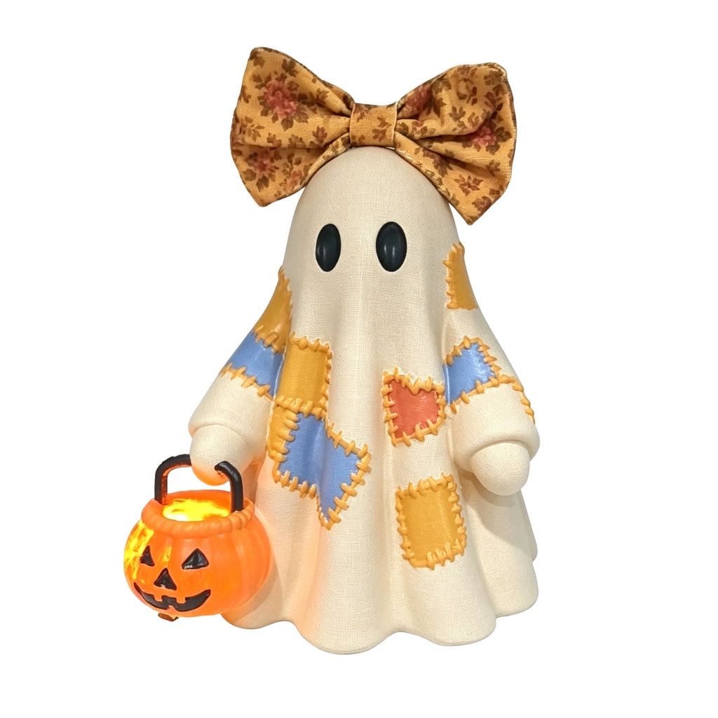Win s Way Lighted Vintage Patchwork Ghost Decor Glowing Ghost Figurine with Pumpkin Lantern Farmhouse Style Light Up Statue for Mantel Shelf Entryway Table Fall Decorations