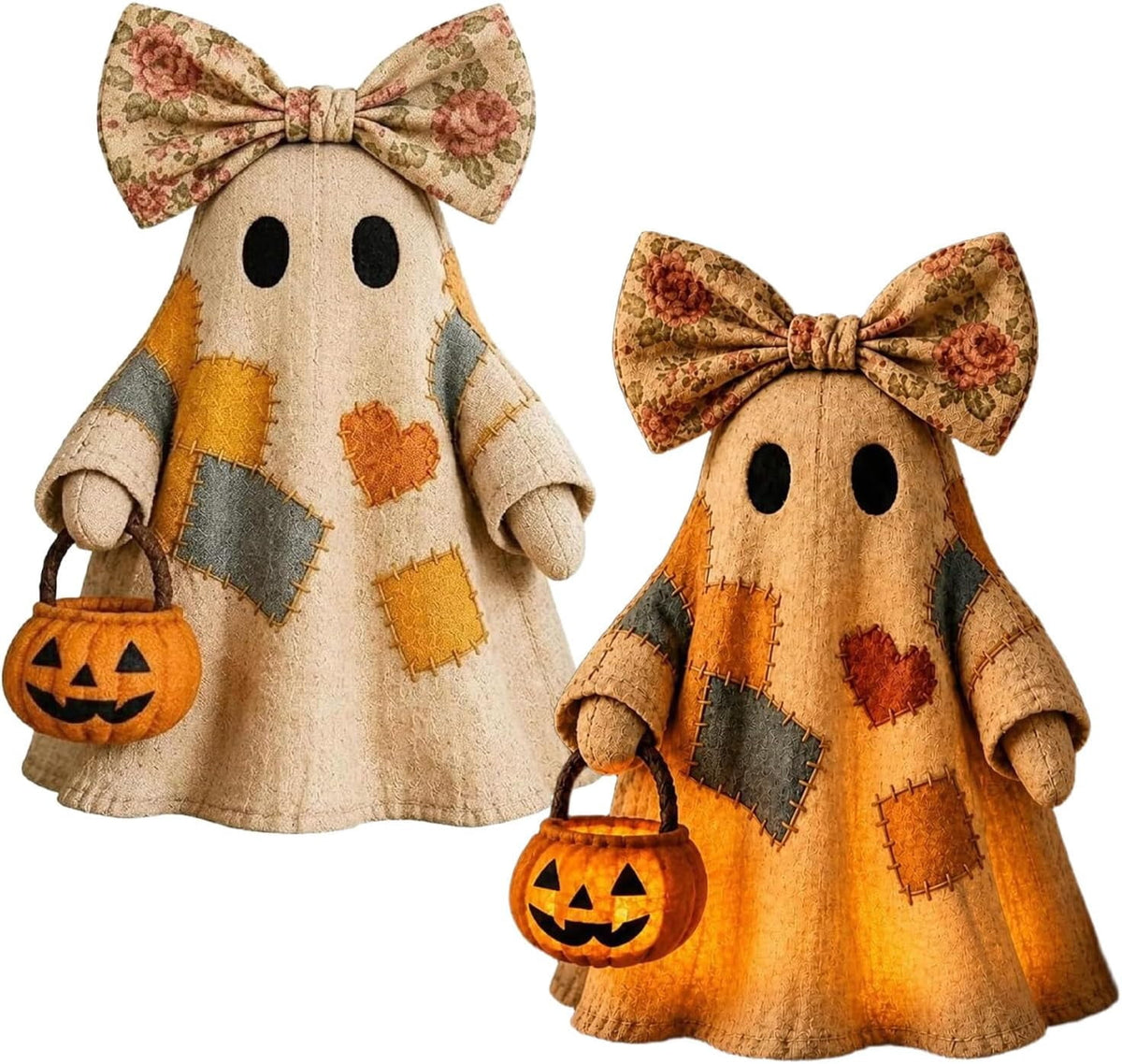Lighted Vintage Patchwork Ghost, Light Up Ghost with Pumpkin Lantern Halloween Decor, Resin Ghosts Lamp, Rustic Fall Figurine Decoration for Tabletop Mantel Shelf Entryway Porch-9.44"