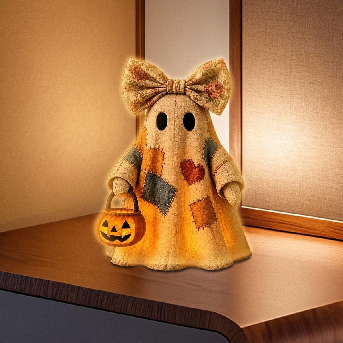 Lighted Vintage Patchwork Ghost, Light Up Ghost with Pumpkin Lantern Halloween Decor, Resin Ghosts Lamp, Rustic Fall Figurine Decoration for Tabletop Mantel Shelf Entryway Porch-9.44"