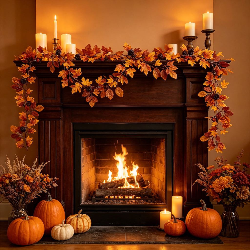 Fall Maple Leaf Front Door Wreath, Multicolor Plastic Seasonal Wreath for Halloween Thanksgiving Christmas Indoor Wall Fireplace Home Decor, 9.84 Inch