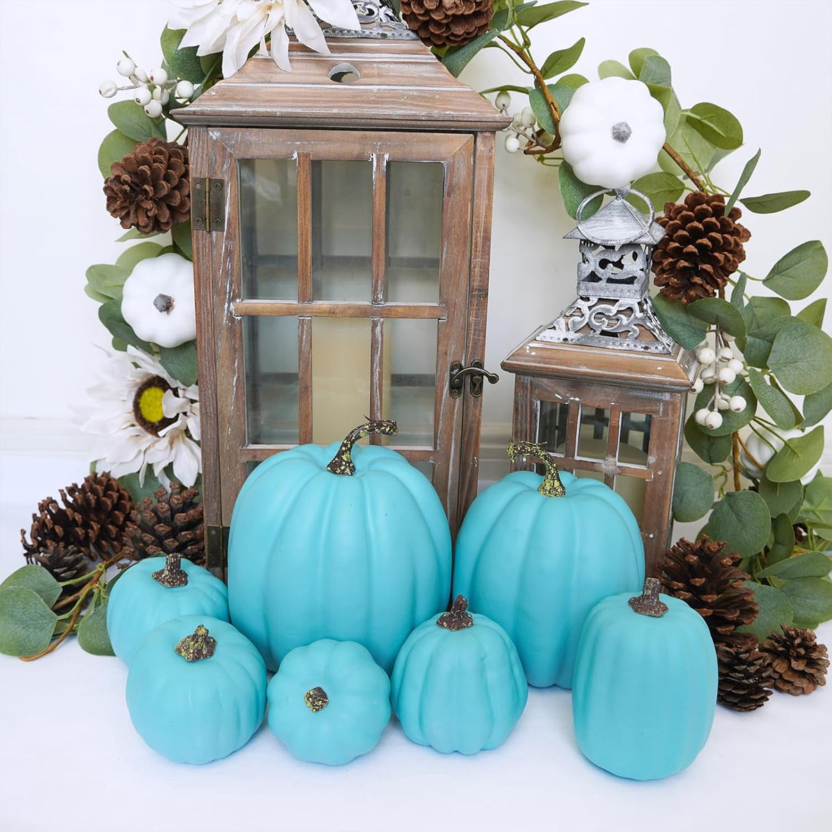 Foraging dimple 7 Pcs Assorted Harvest Orange Artificial Pumpkins Decorative Pumpkins Foam Pumpkins with Gold Stems for Fall Harvest Autumn Home Wedding Thanksgiving Halloween Party