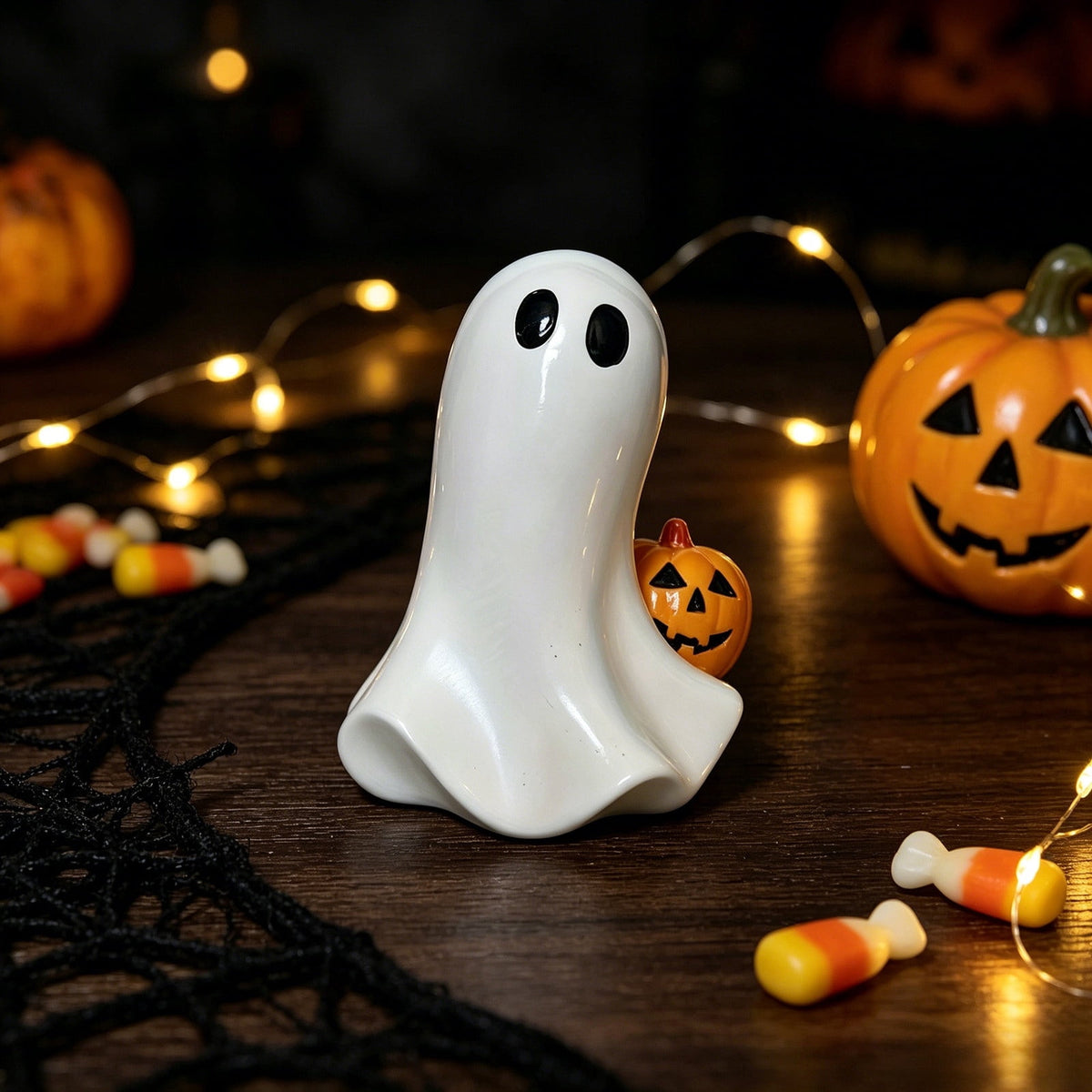 Halloween Ghost Figurine, Resin Lighted Ghost Ornament with Pumpkin Lantern & Beverage Cup, Tabletop Halloween Indoor Decor