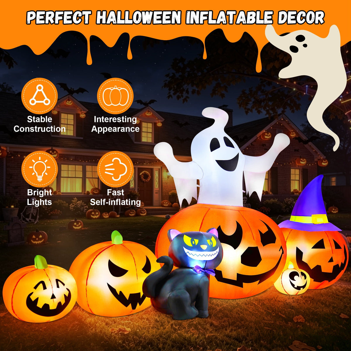 Yexmas 8FT Halloween Inflatable Decoration with Ghost, Black Cat and Pumpkins,Built-in LED Lights, Blow Up Halloween Yard Decor for Indoor/Outdoor Party,Yard, Lawn