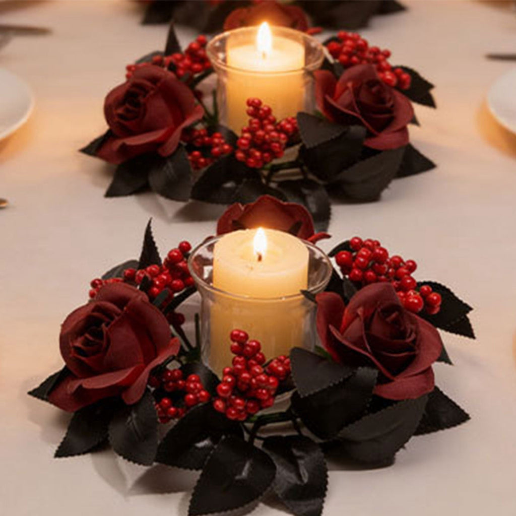 Fall Candle Ring,Artificial Maple Leaves Pumpkins Decorative Wreaths,Berry Wreath for Pillar Candle Holder,Candle Ring for Halloween Centerpieces and Farmhouse Table Decor,7.48 inch(Pink)