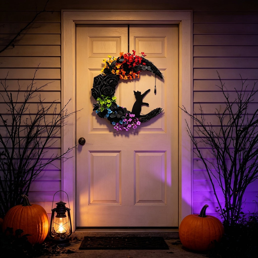 Circlecity Halloween Black Cat Wreath, 14.9" Colorful Crescent Moon Wreath with Artificial Flowers, Gothic Front Door Decor