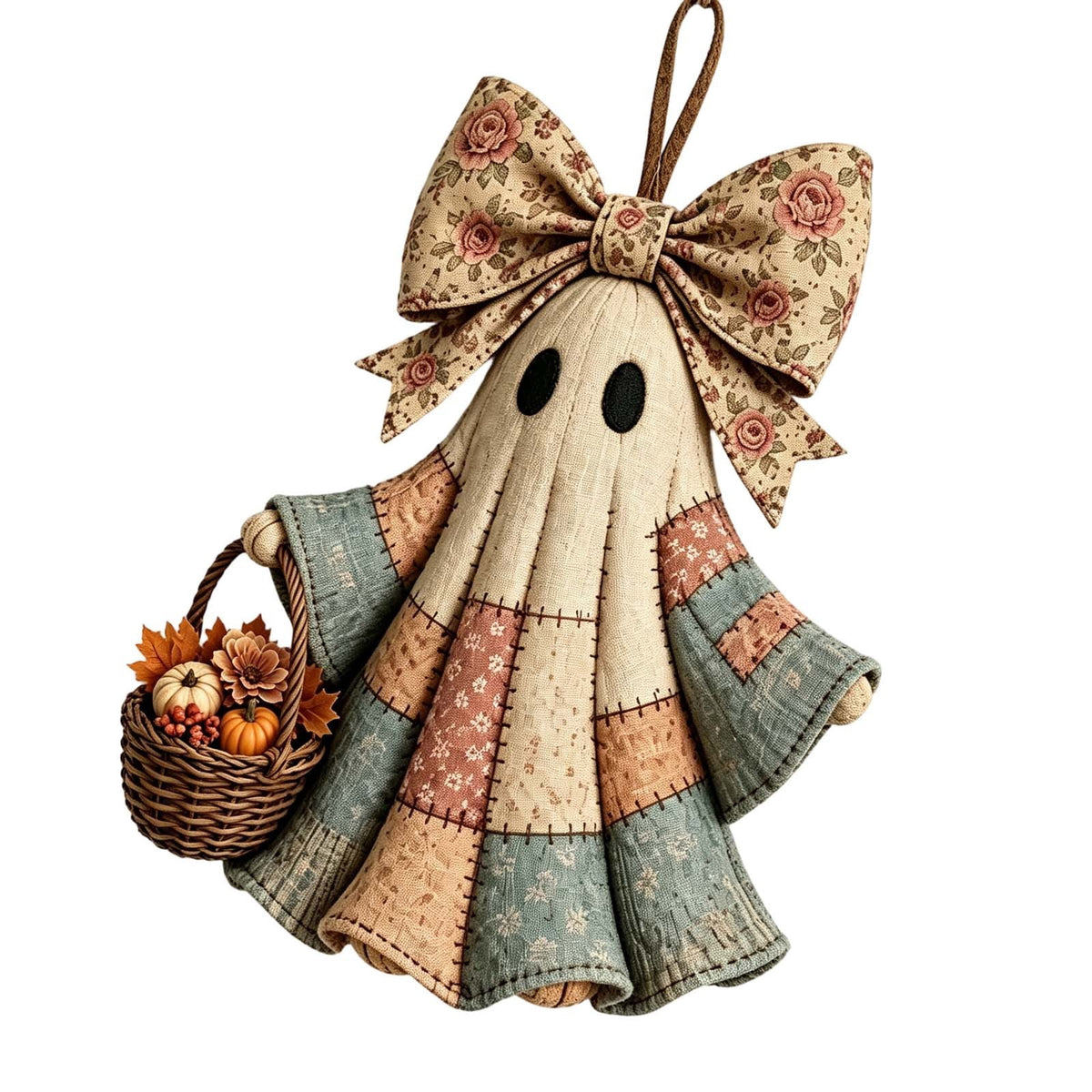 romoty Vintage Patchwork Fabric Ghost Wall Hanging Decor Autumn Floral Bow Door Hanger with Pumpkin Basket for Halloween Fall Cottage Home Accent