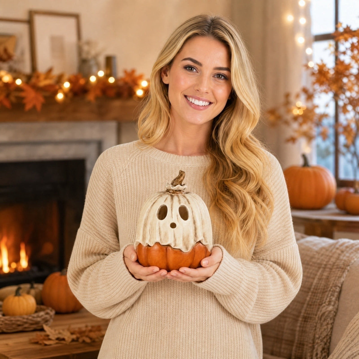 Halloween Ghost Pumpkin Candy Bowl - 2-Piece Detachable Resin Candle Holder, Spooky Jack-O'-Lantern Figurine with Ghost Cover for Tabletop Party Patio Indoor Outdoor Decor Halloween Decorations