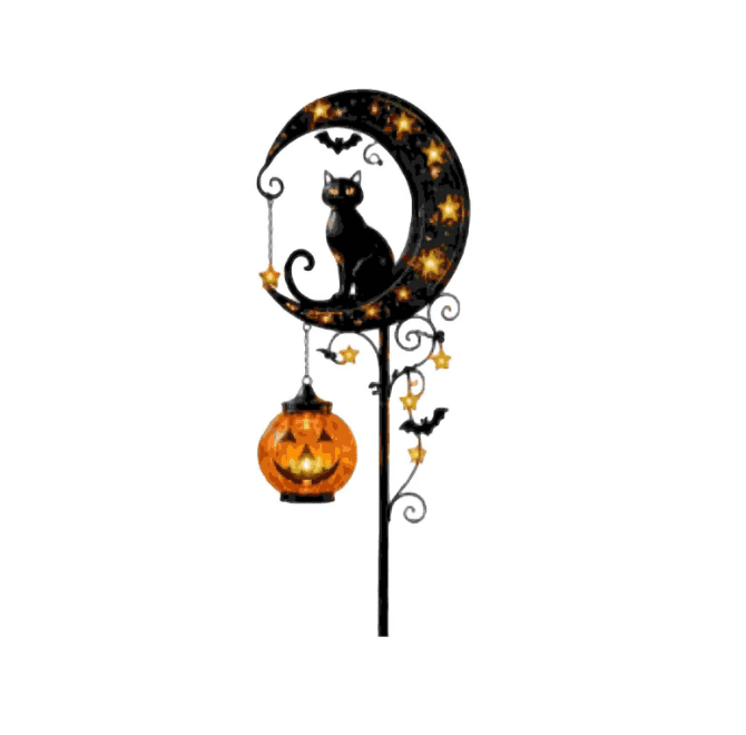 Solar Halloween Metal Moon Black Cat Garden Stake with LED Pumpkin Lantern, Light Up Star Bat Yard Decor Stake, Spooky Outdoor Lawn Pathway Halloween Decoration