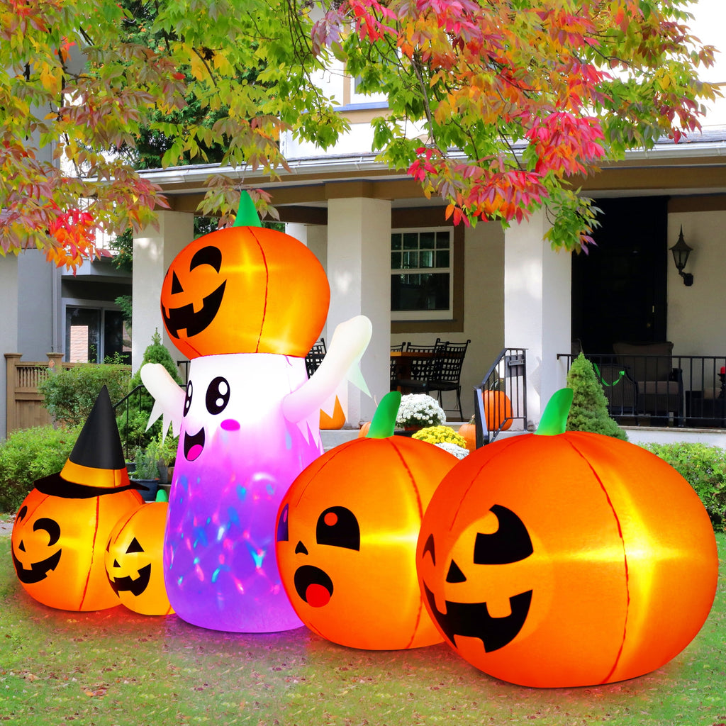 Yexmas 8FT Halloween Inflatable Decoration with Ghost, Black Cat and Pumpkins,Built-in LED Lights, Blow Up Halloween Yard Decor for Indoor/Outdoor Party,Yard, Lawn