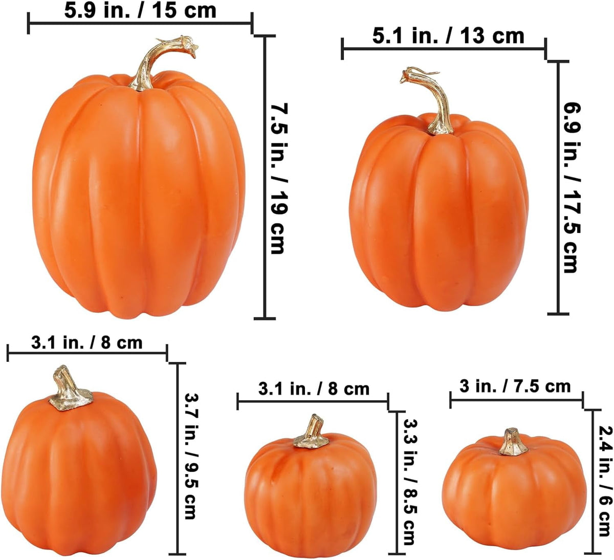Foraging dimple 7 Pcs Assorted Harvest Orange Artificial Pumpkins Decorative Pumpkins Foam Pumpkins with Gold Stems for Fall Harvest Autumn Home Wedding Thanksgiving Halloween Party