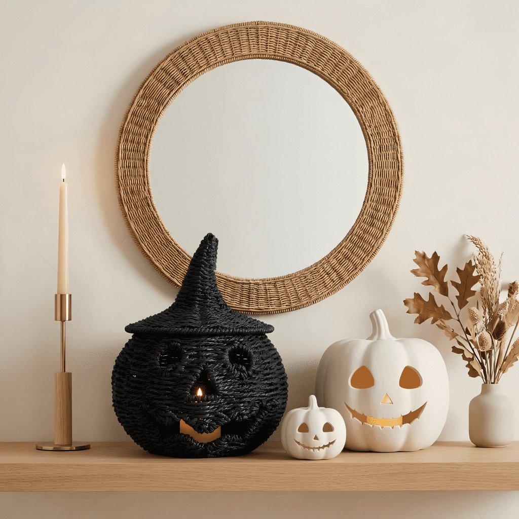 Guvpev 12" Handcrafted Woven Ghost - White Faux Rattan & Metal Ghost Figurine, Halloween Spooky Table Centerpiece & Fall Porch Decor for Indoor Outdoor