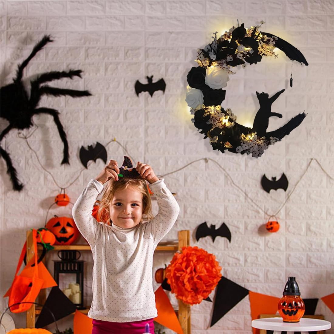 14" Halloween Wreath for Front Door Halloween Moon Cat Wreathr with Rose Floor for Home Decoration Cat Moon Hanging Wreath Decoration for Home Party Indoor Outdoor
