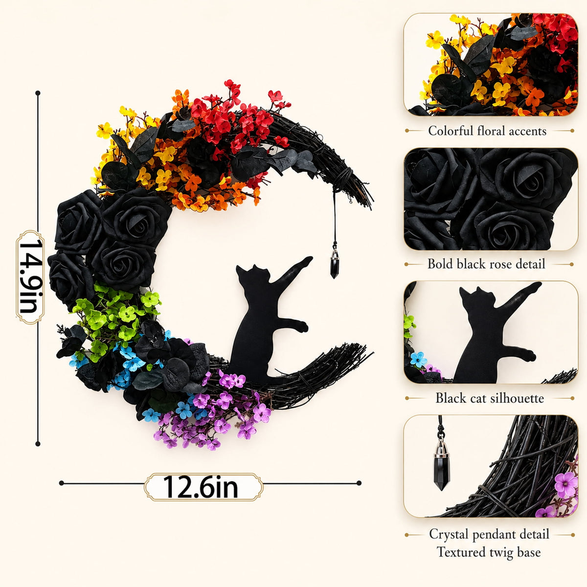 Circlecity Halloween Black Cat Wreath, 14.9" Colorful Crescent Moon Wreath with Artificial Flowers, Gothic Front Door Decor