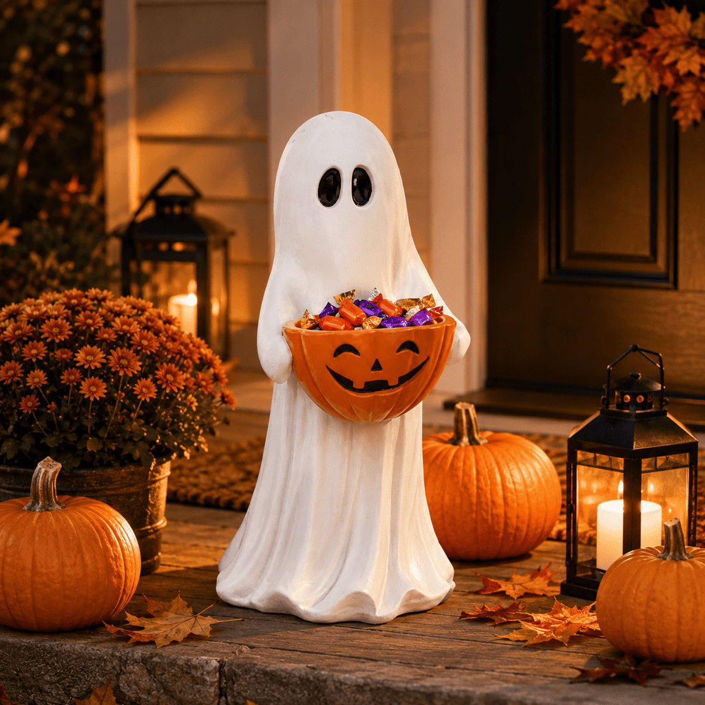 Clearance! Halloween Ghost Statue with Pumpkin Candy Bowl, 13.7 Inch Outdoor Ghost Figurine, Halloween Candy Holder Decoration for Porch Yard Patio Indoor Decor