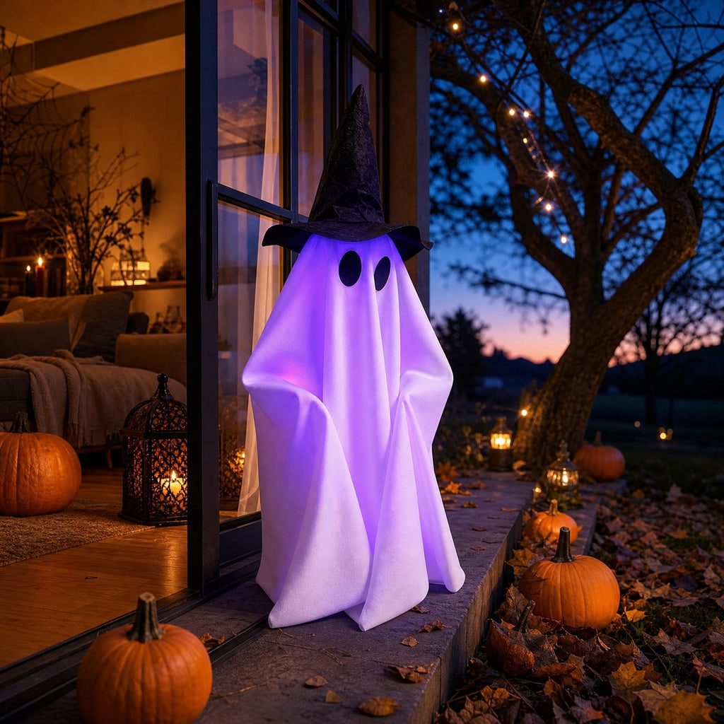 Fall Decorations for Home, 7.9in Lighted Halloween Scarecrow Dog Figurine, Resin Thanksgiving Halloween Garden Dogs Figurines for Autumn Harvest Porch Yard Garden Decor