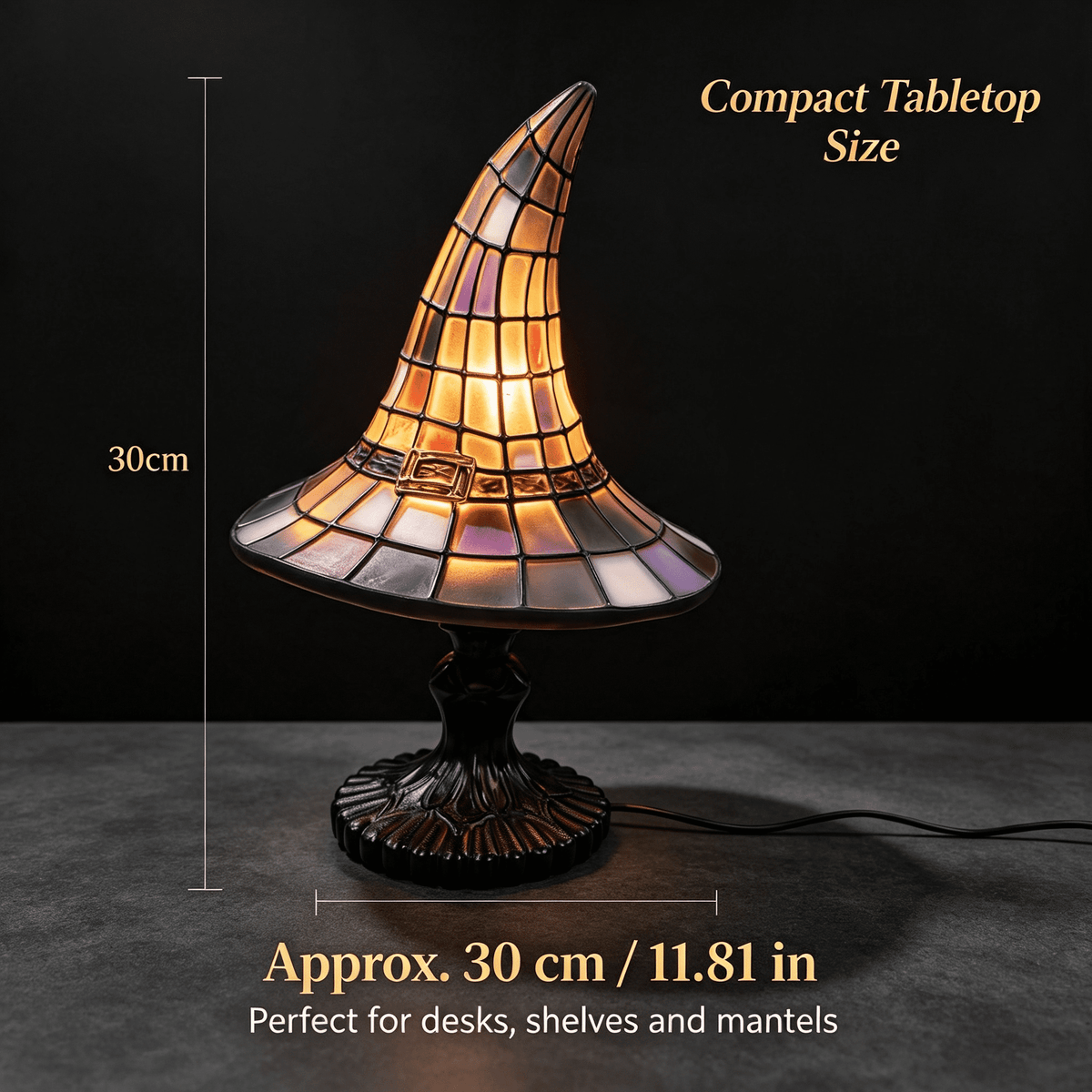 Stained Glass Witch Hat Lamp Gothic Halloween Lighting Decor, Vintage Witchy Hats Night Lights, Handcrafted Retro Resin Table Lamp for Bedroom, Living Room & Home Decor